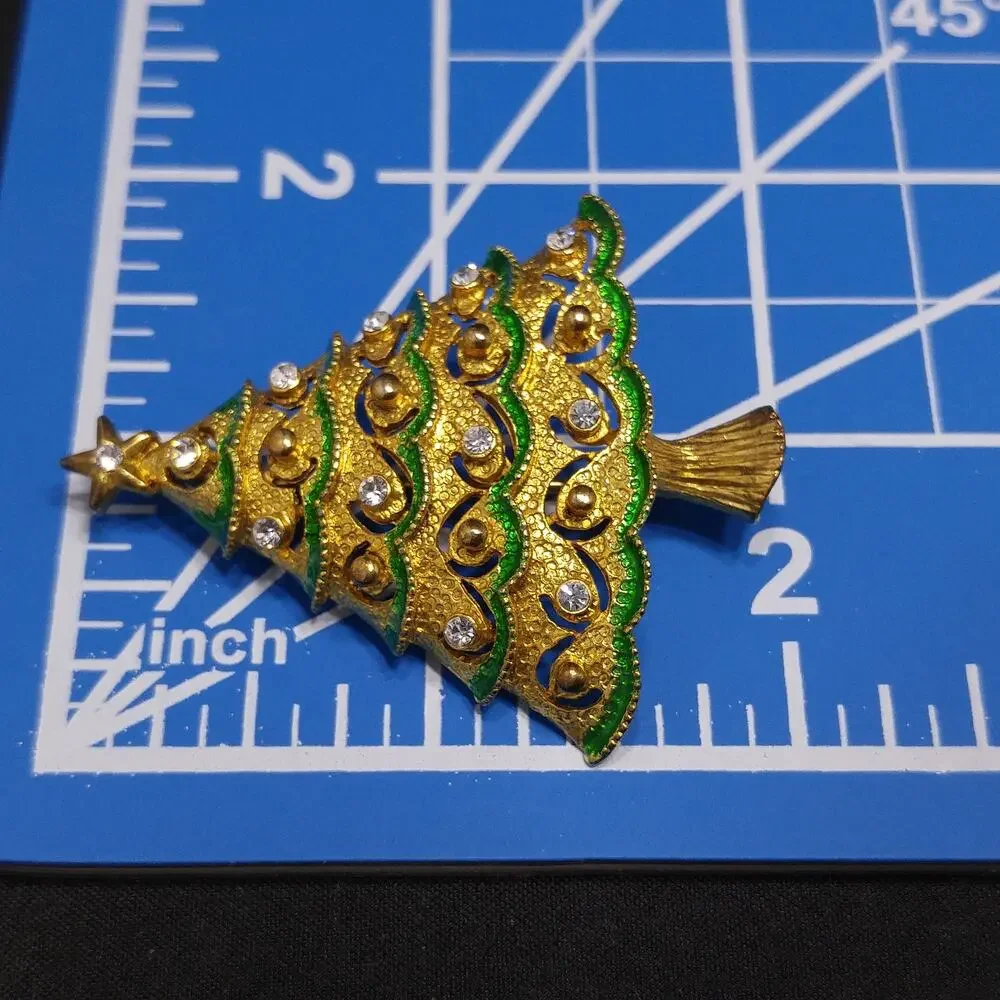 Eisenberg Ice Christmas Tree Brooch, Rhinestones & Enamel, Vintage Jewelry